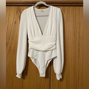 Deep V-Neck Long Sleeve Ribbed Knit Bodysuit